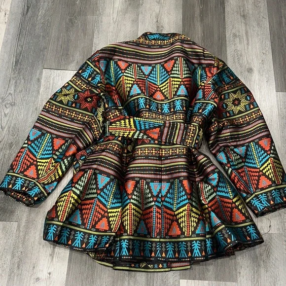 Ashro Multicolor Tribal Print Jacket, swing jacket, large pleats, removable belt - Picture 2 of 7